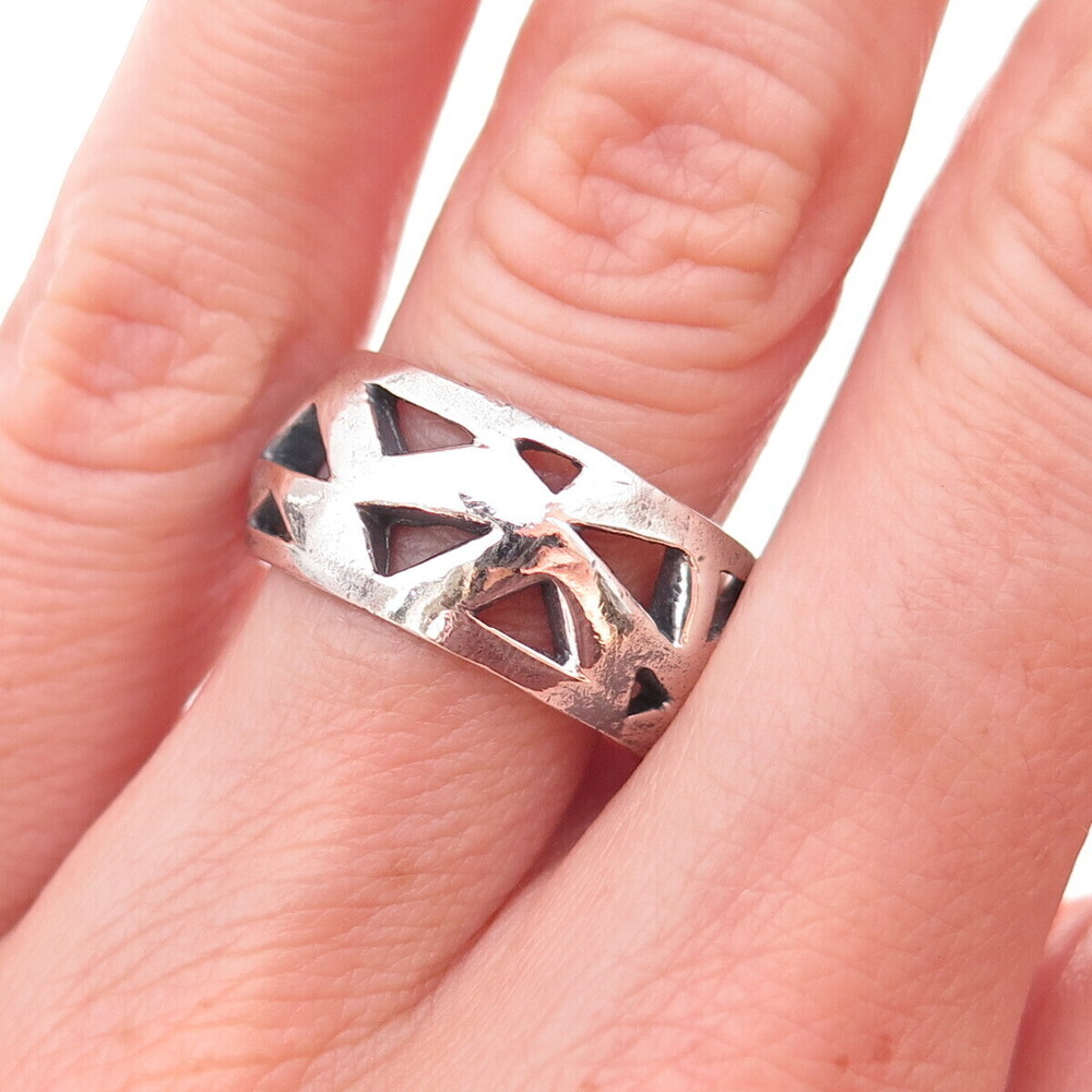 925 Sterling Silver Vintage Modernist Geometric Oxidized Ring Size 6.5